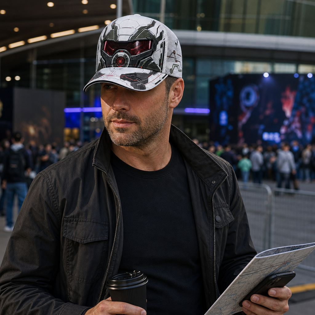 Futuristic Robot Visor Trucker Hat lifestyle scene