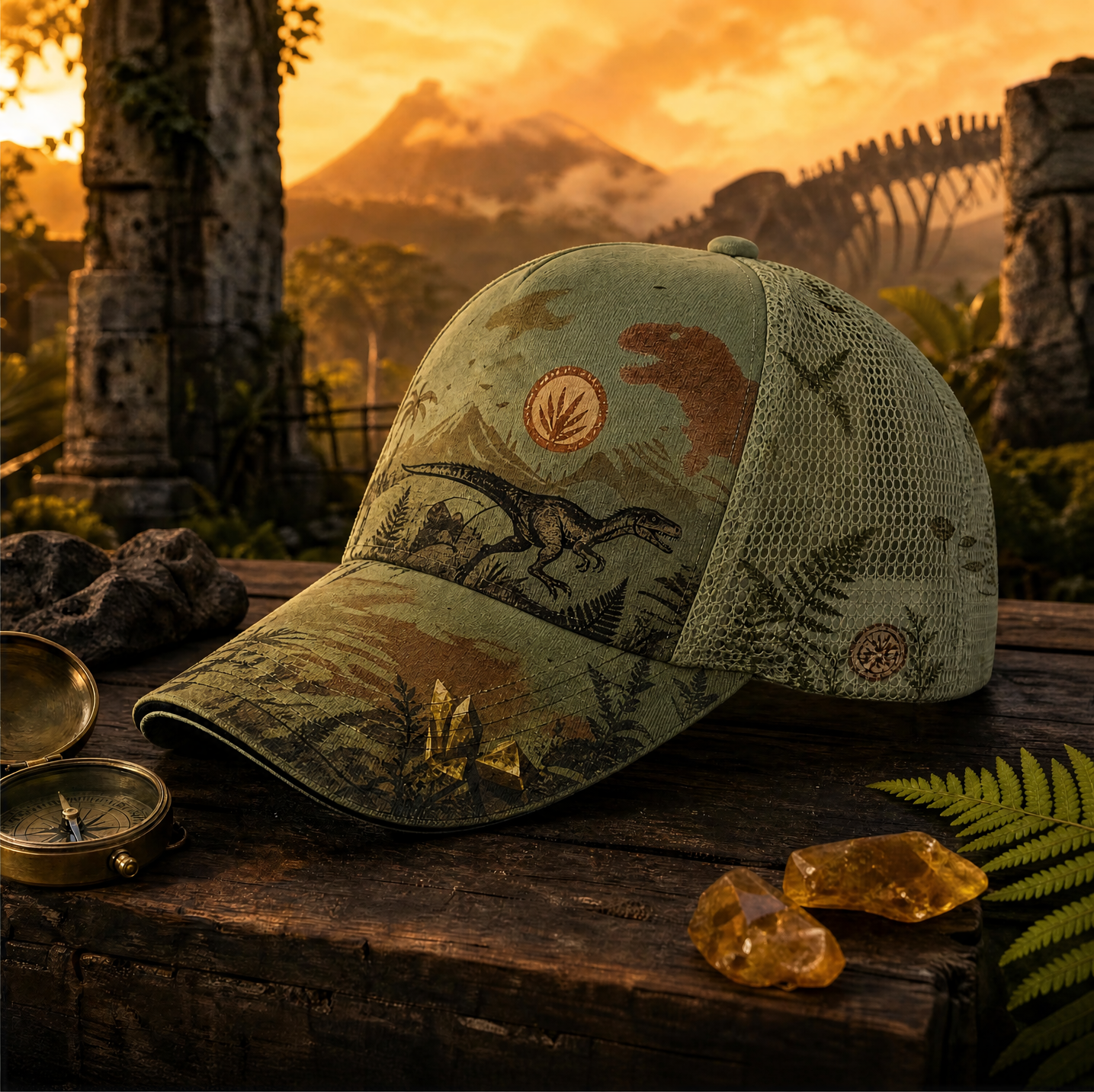 Prehistoric T-Rex Explorer Trucker Hat Olive