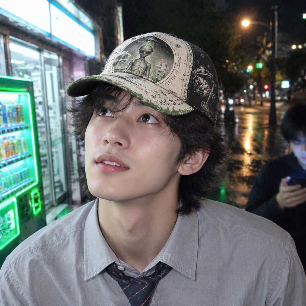 Retro Alien UFO Graphic Beige Baseball Cap product view 3