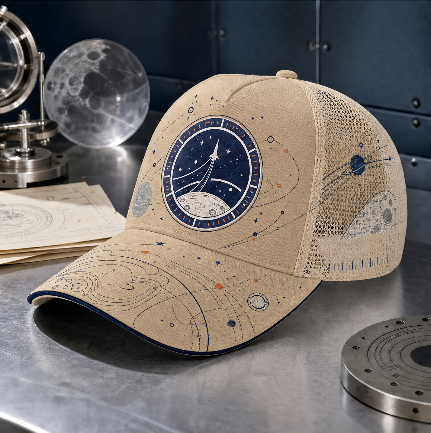 Cosmic Rocket Orbit Trucker Hat Khaki