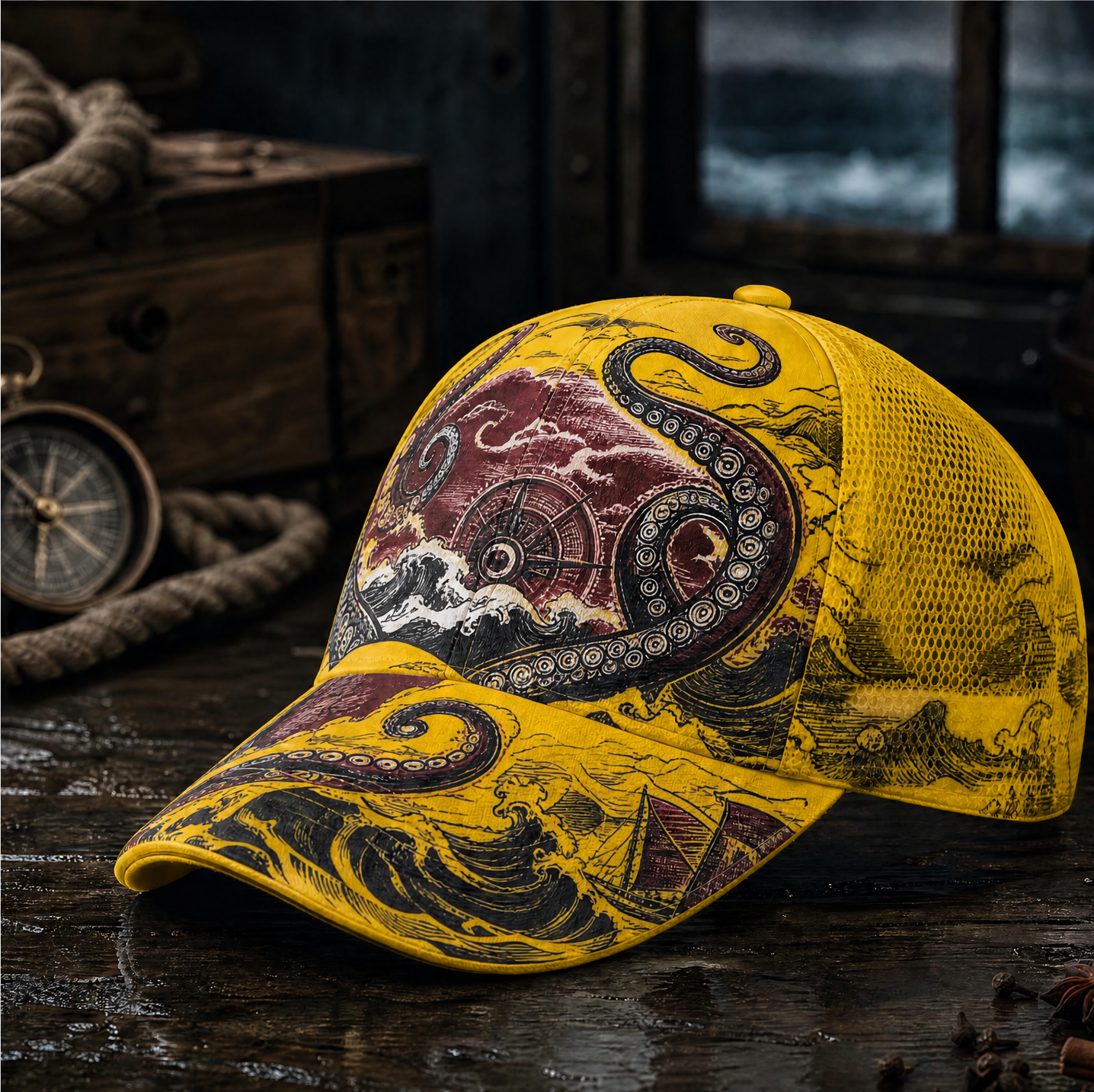 Nautical Octopus Waves Trucker Hat Yellow