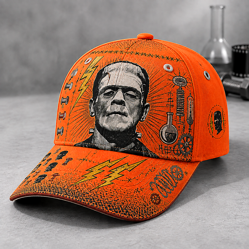 Stitched Monster Lightning Graphic Beige Baseball Cap Orange