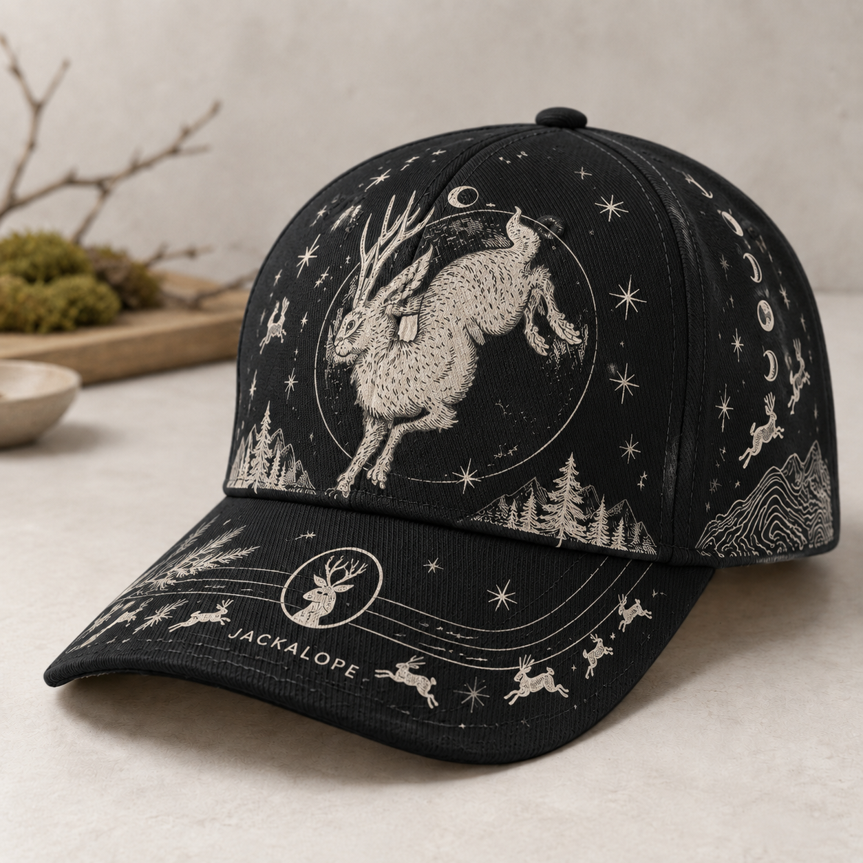 Jackalope Moon Woodland Graphic Baseball Cap Black