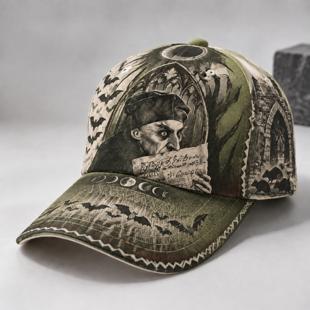 Gothic Vampire Scroll Graphic Baseball Cap Olive