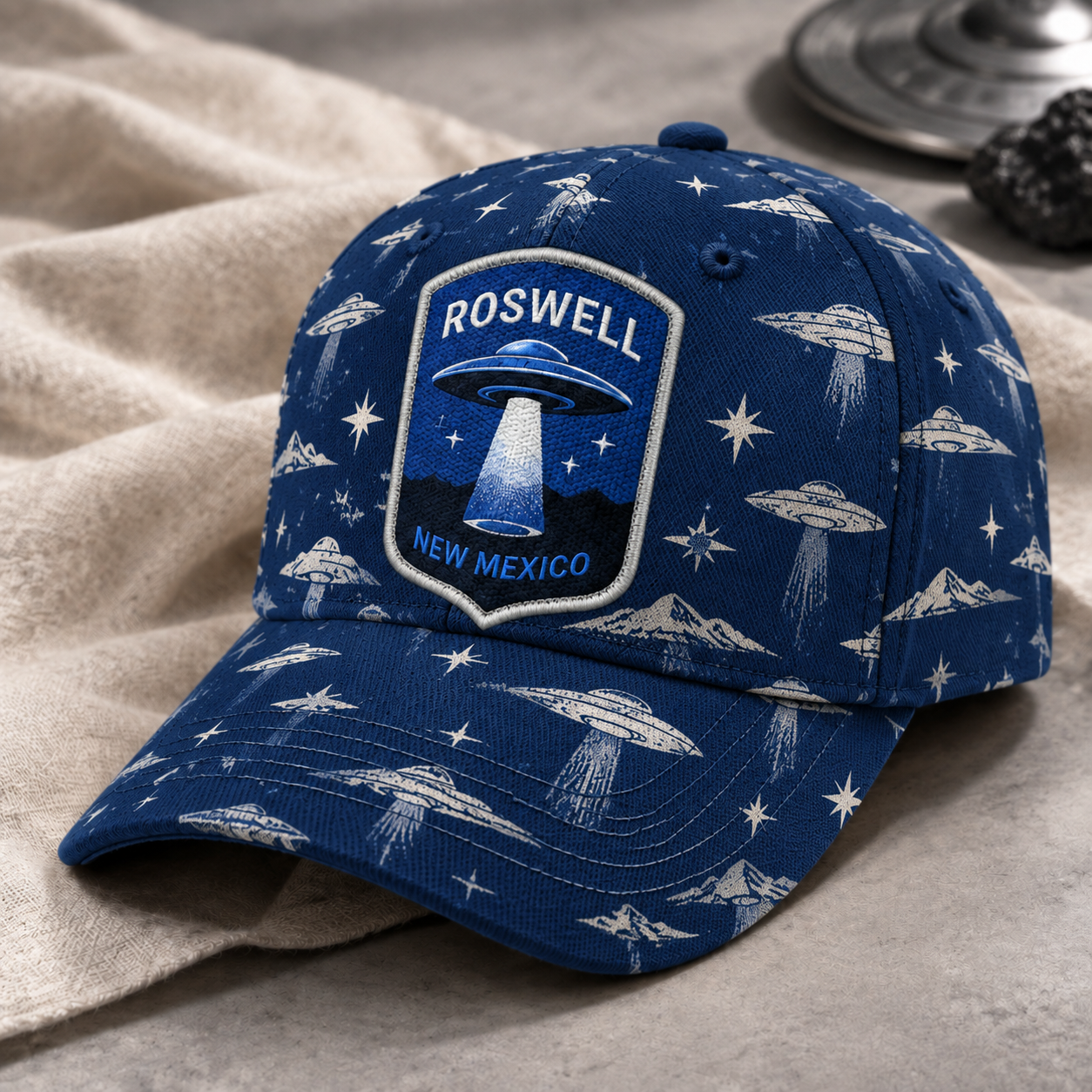 Roswell UFO Print Beige Baseball Cap Navy