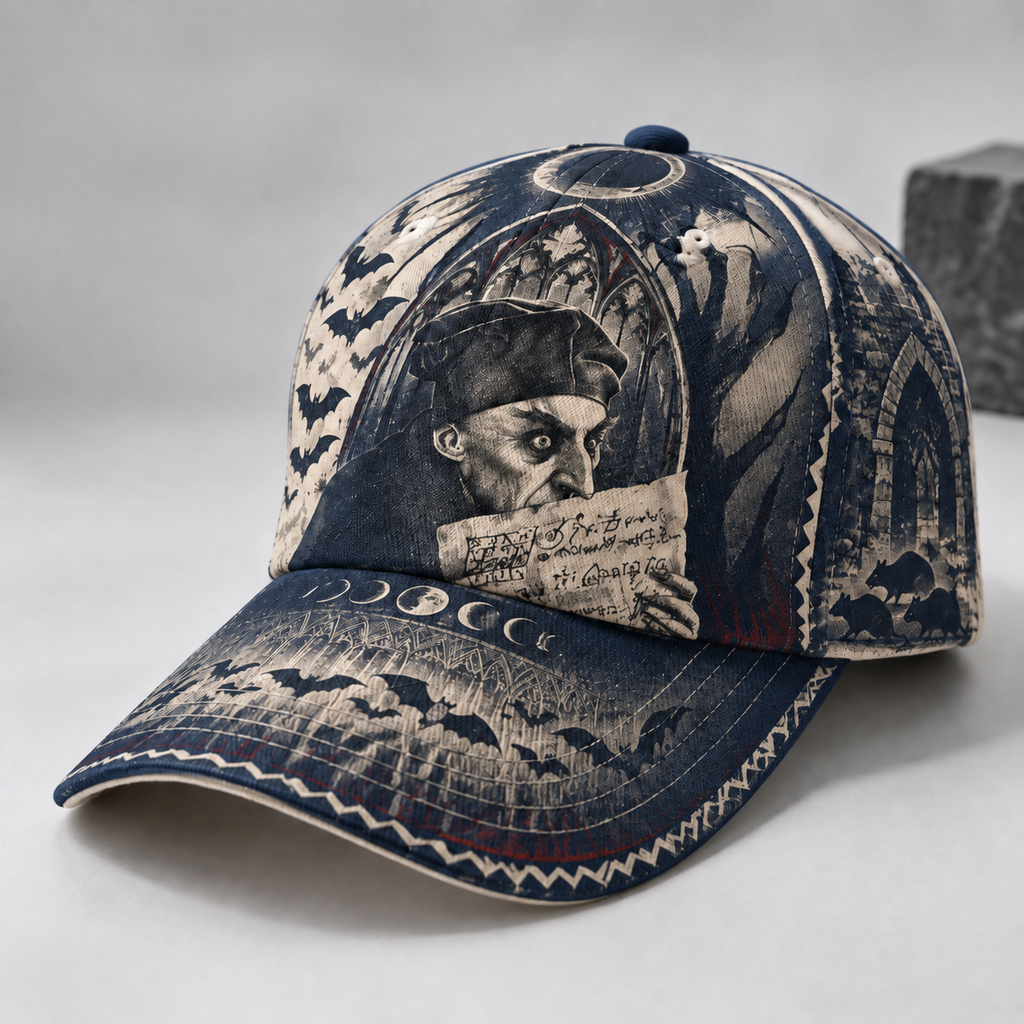 Gothic Vampire Scroll Graphic Baseball Cap Navy