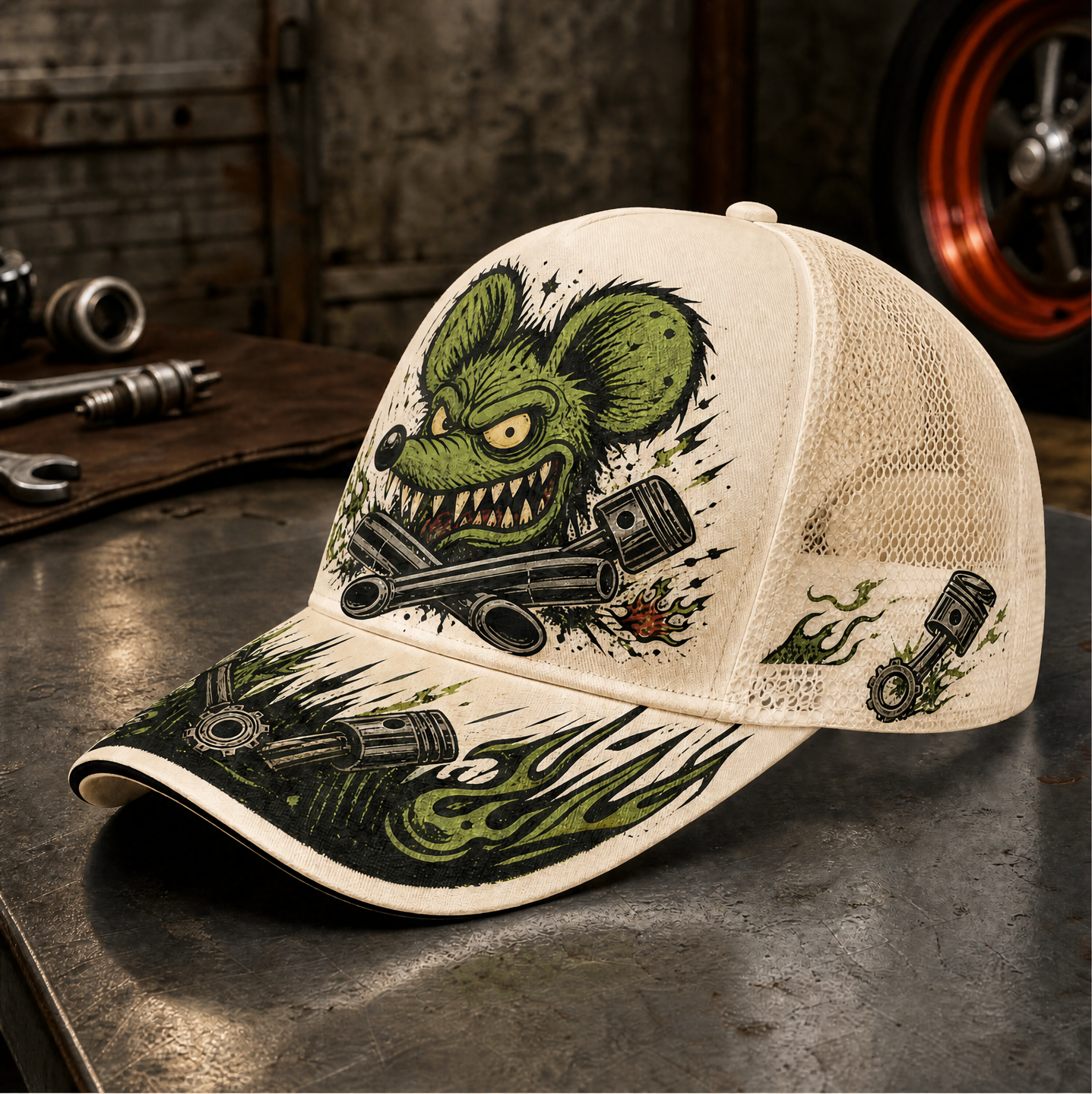 Green Monster Engine Graphic Trucker Hat Ivory