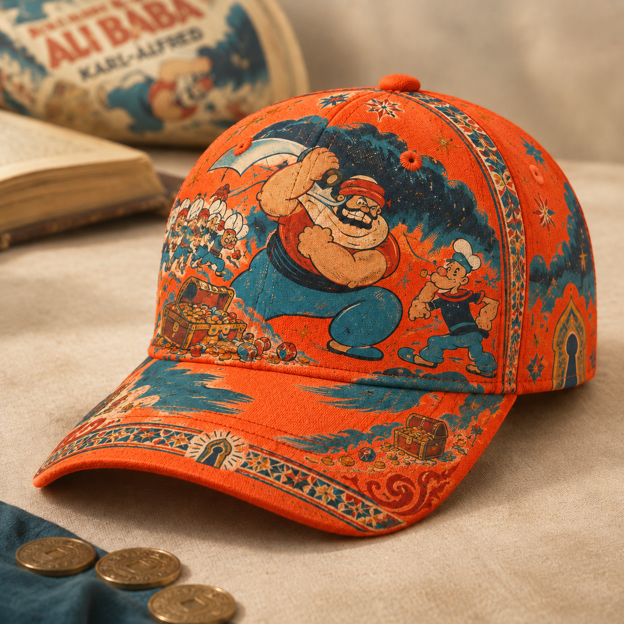 Vintage Comic Sailor Adventure Graphic Baseball Cap Orange