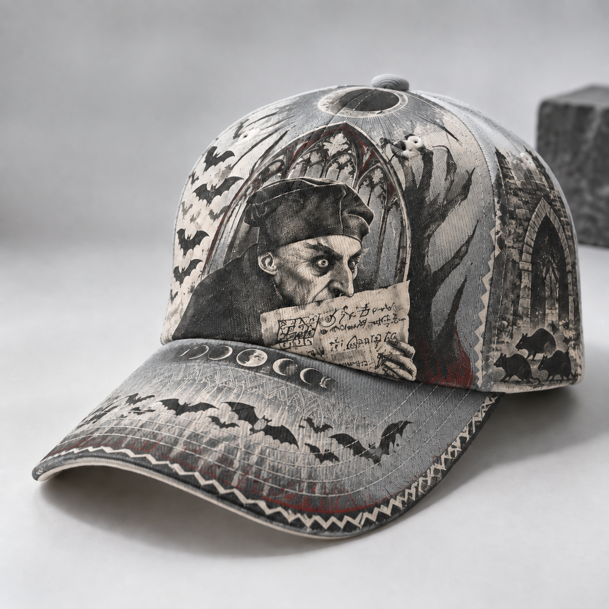 Gothic Vampire Scroll Graphic Baseball Cap Gray