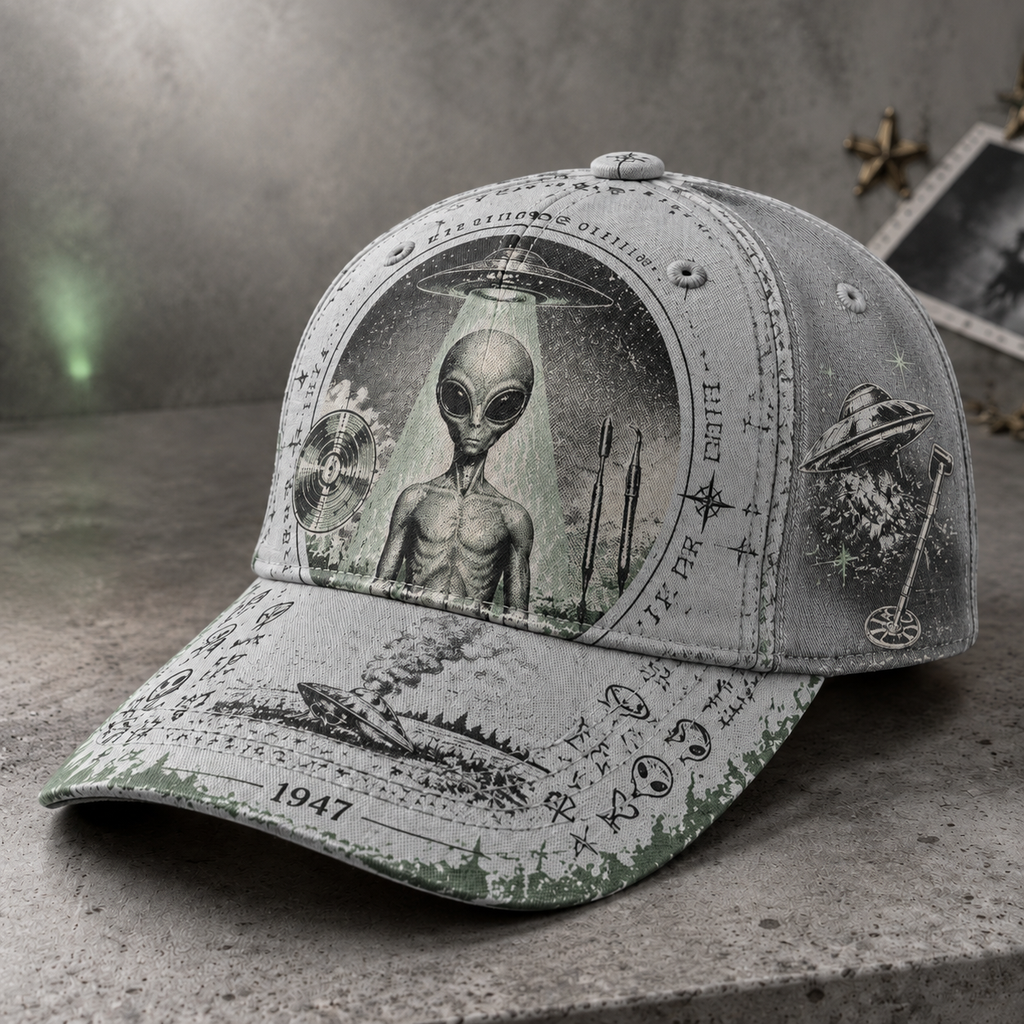 Retro Alien UFO Graphic Beige Baseball Cap Gray