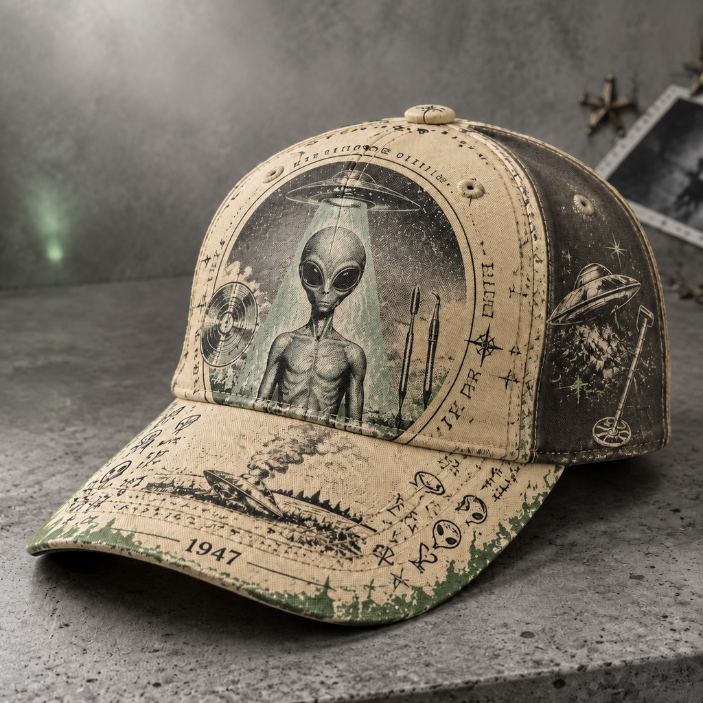 Retro Alien UFO Graphic Beige Baseball Cap Khaki
