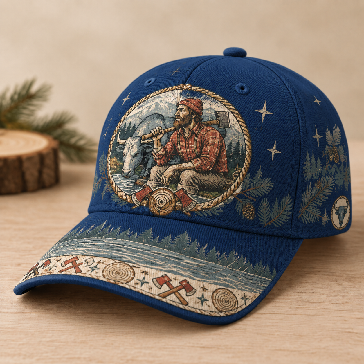 Beige Lumberjack Bull Forest Graphic Baseball Cap Navy