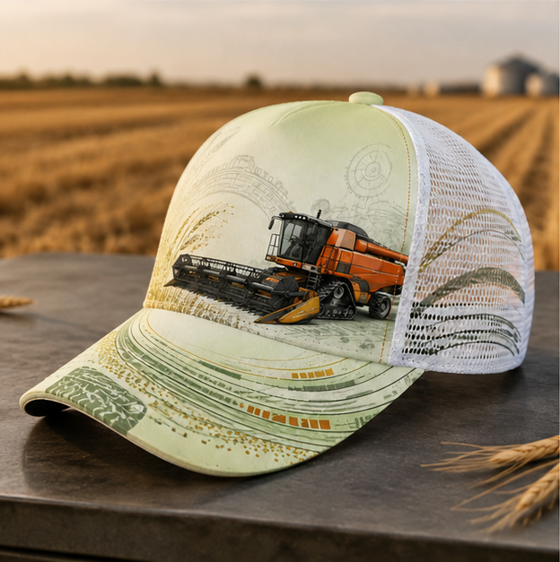 Orange Combine Harvester Trucker Hat Beige