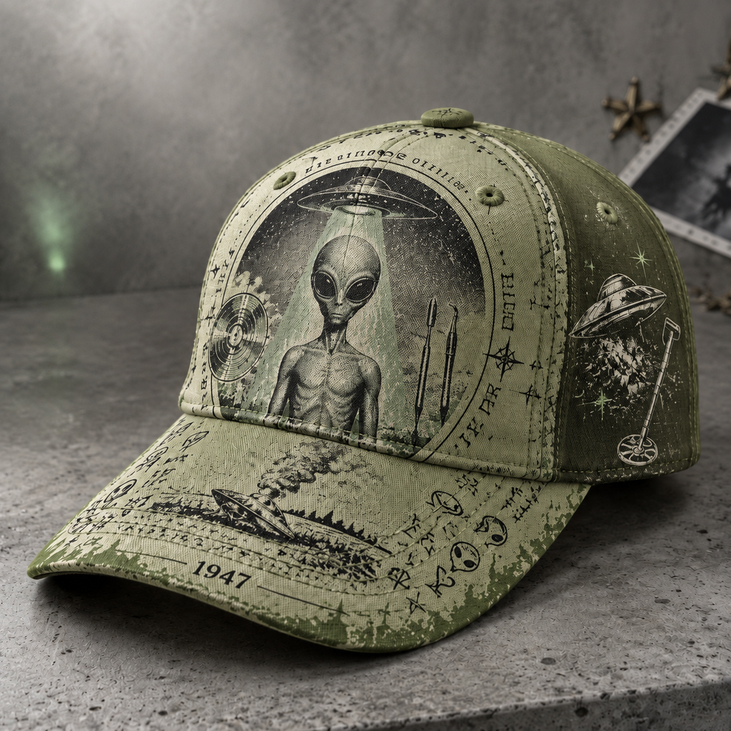 Retro Alien UFO Graphic Beige Baseball Cap Olive
