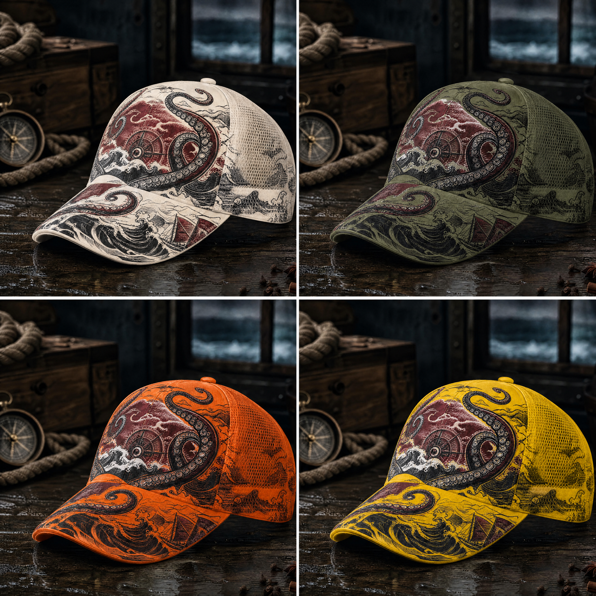Nautical Octopus Waves Trucker Hat product view 7