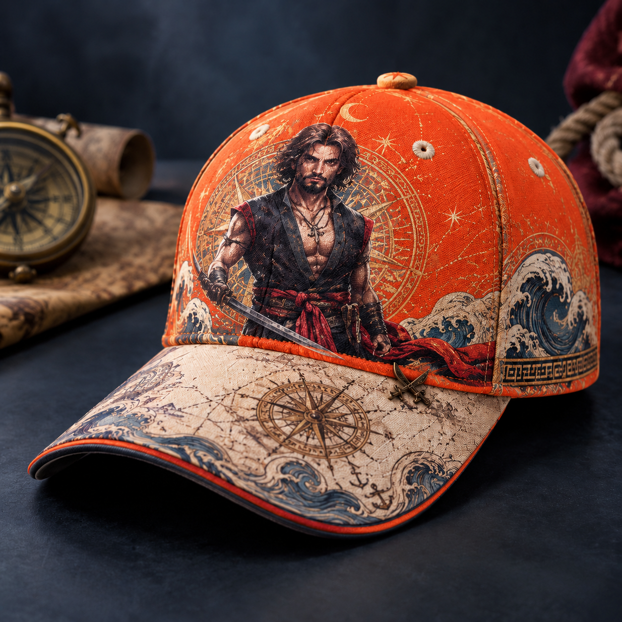 Nautical Swordsman Compass Graphic Baseball Cap Orange