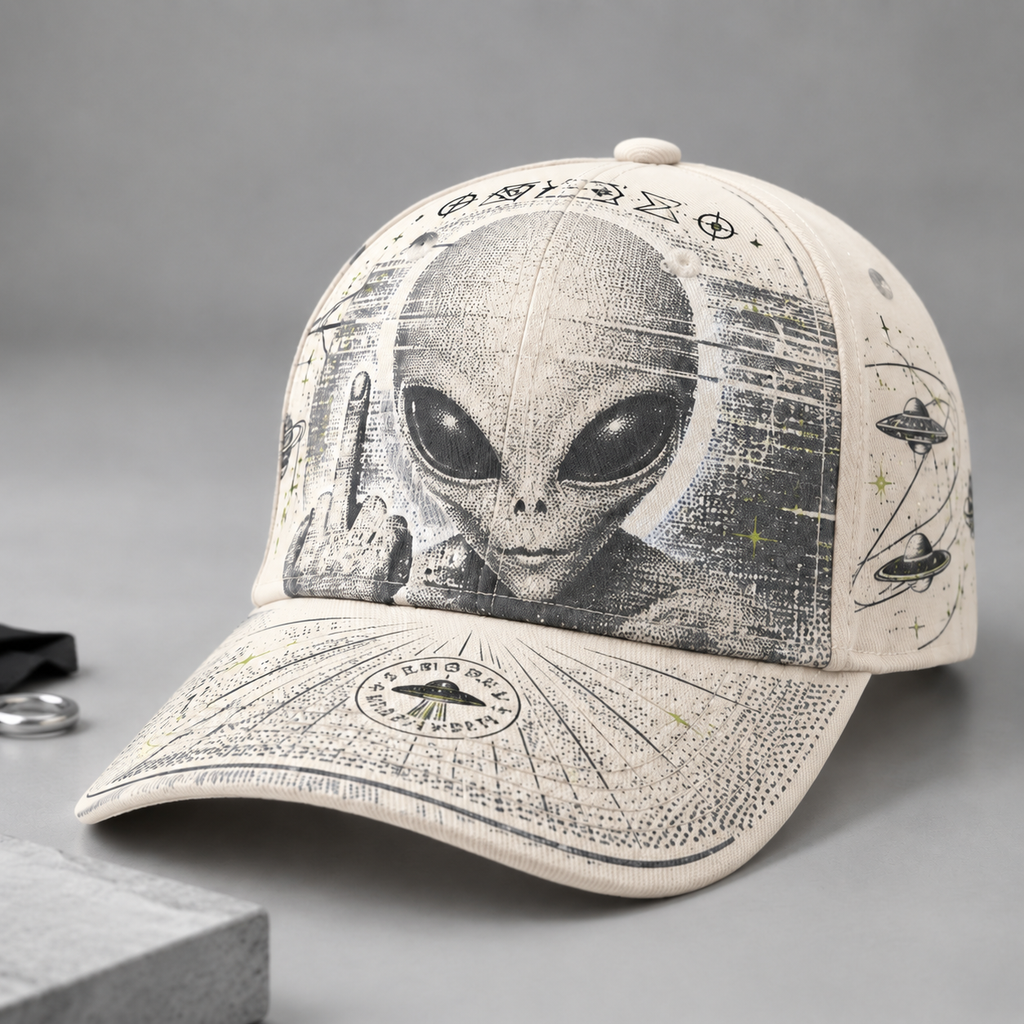 Extraterrestrial Alien Graphic Beige Baseball Cap Ivory