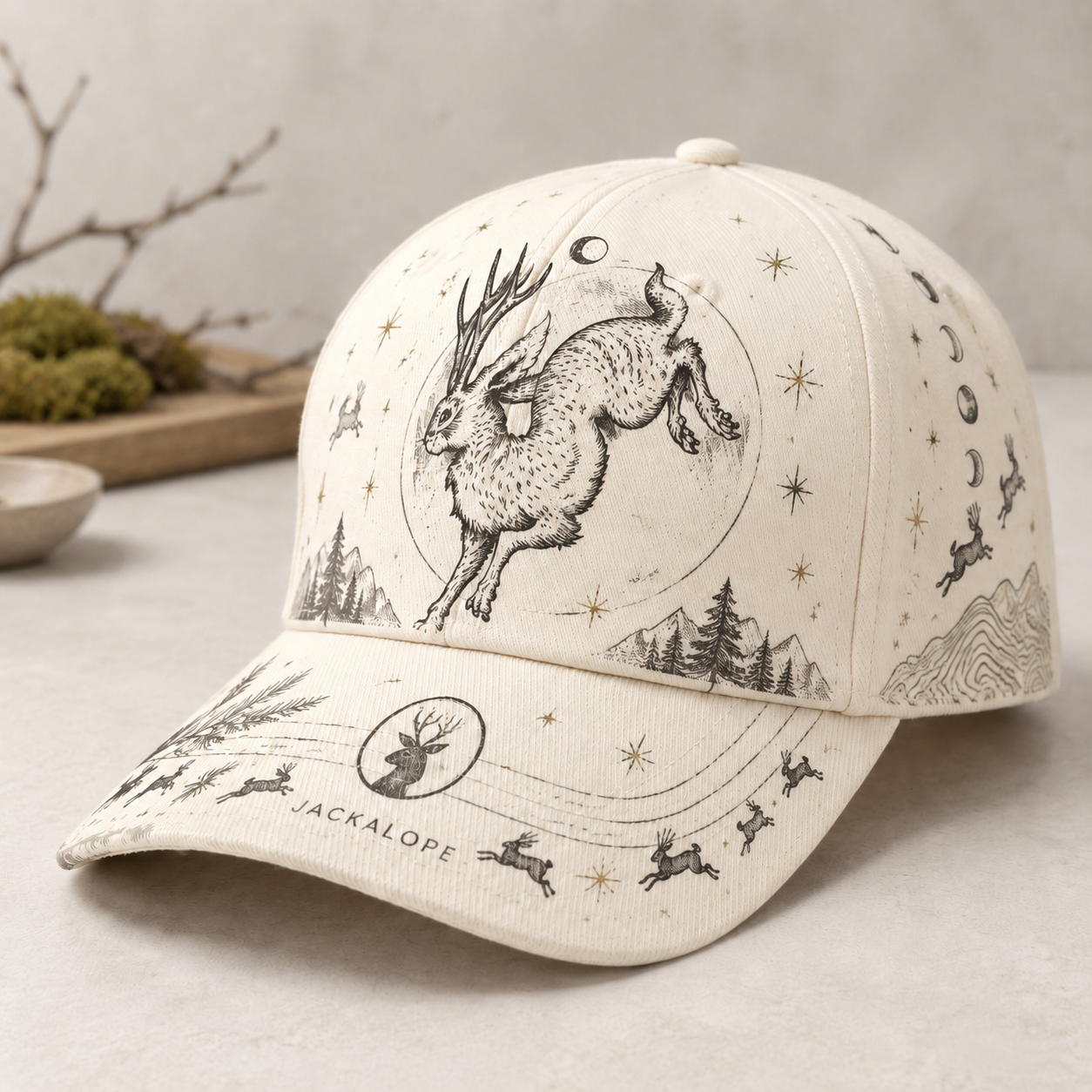 Jackalope Moon Woodland Graphic Baseball Cap Ivory