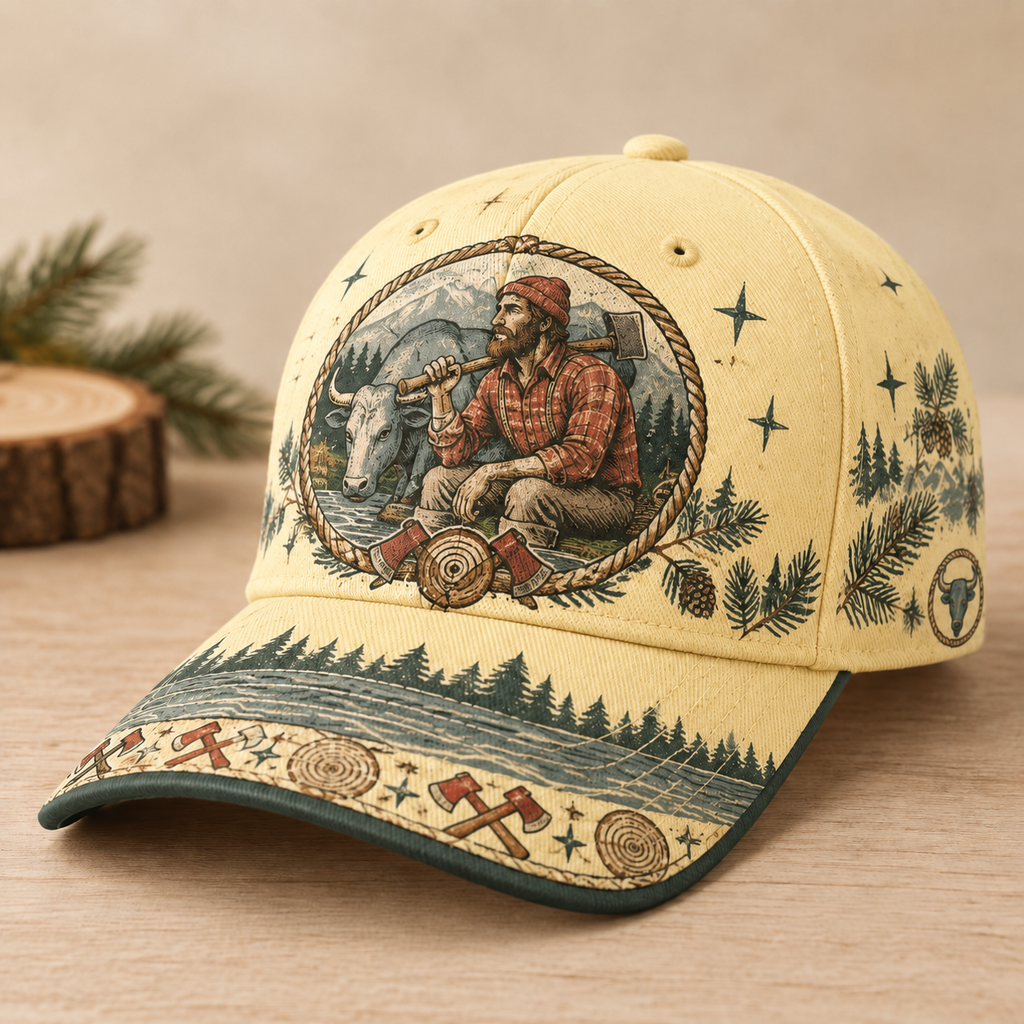 Beige Lumberjack Bull Forest Graphic Baseball Cap Cream