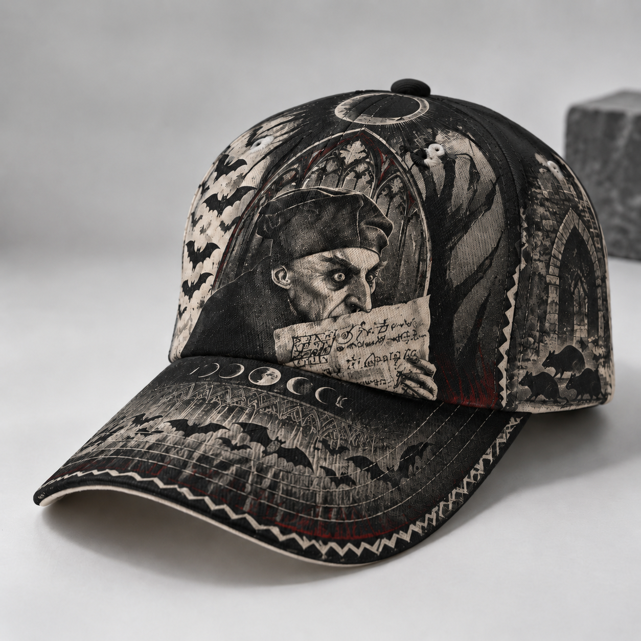 Gothic Vampire Scroll Graphic Baseball Cap Black