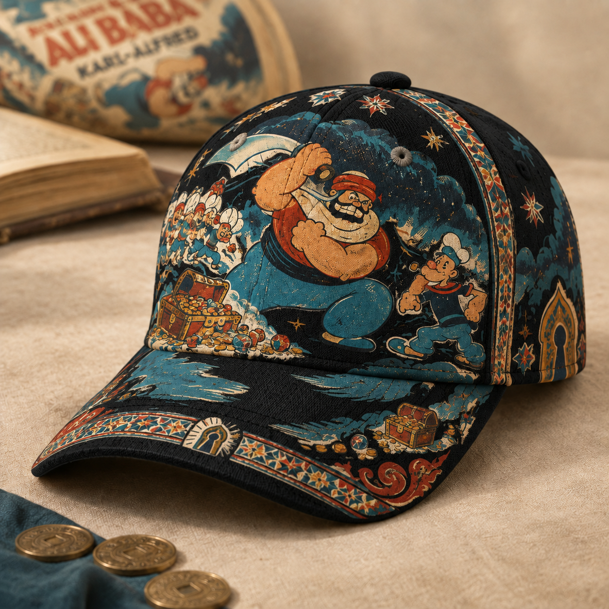 Vintage Comic Sailor Adventure Graphic Baseball Cap Black