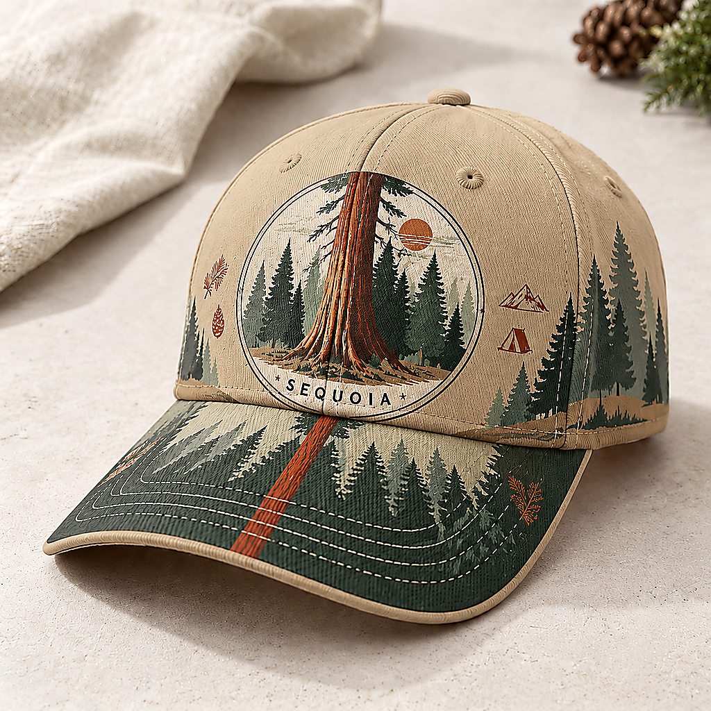 Sequoia Forest Camping Graphic Baseball Cap Khaki