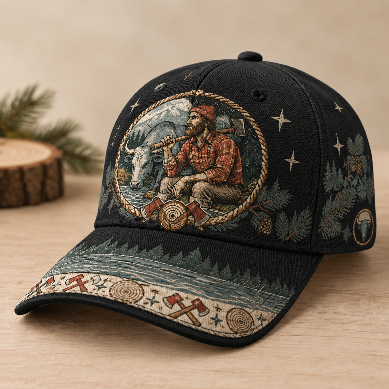 Beige Lumberjack Bull Forest Graphic Baseball Cap Black