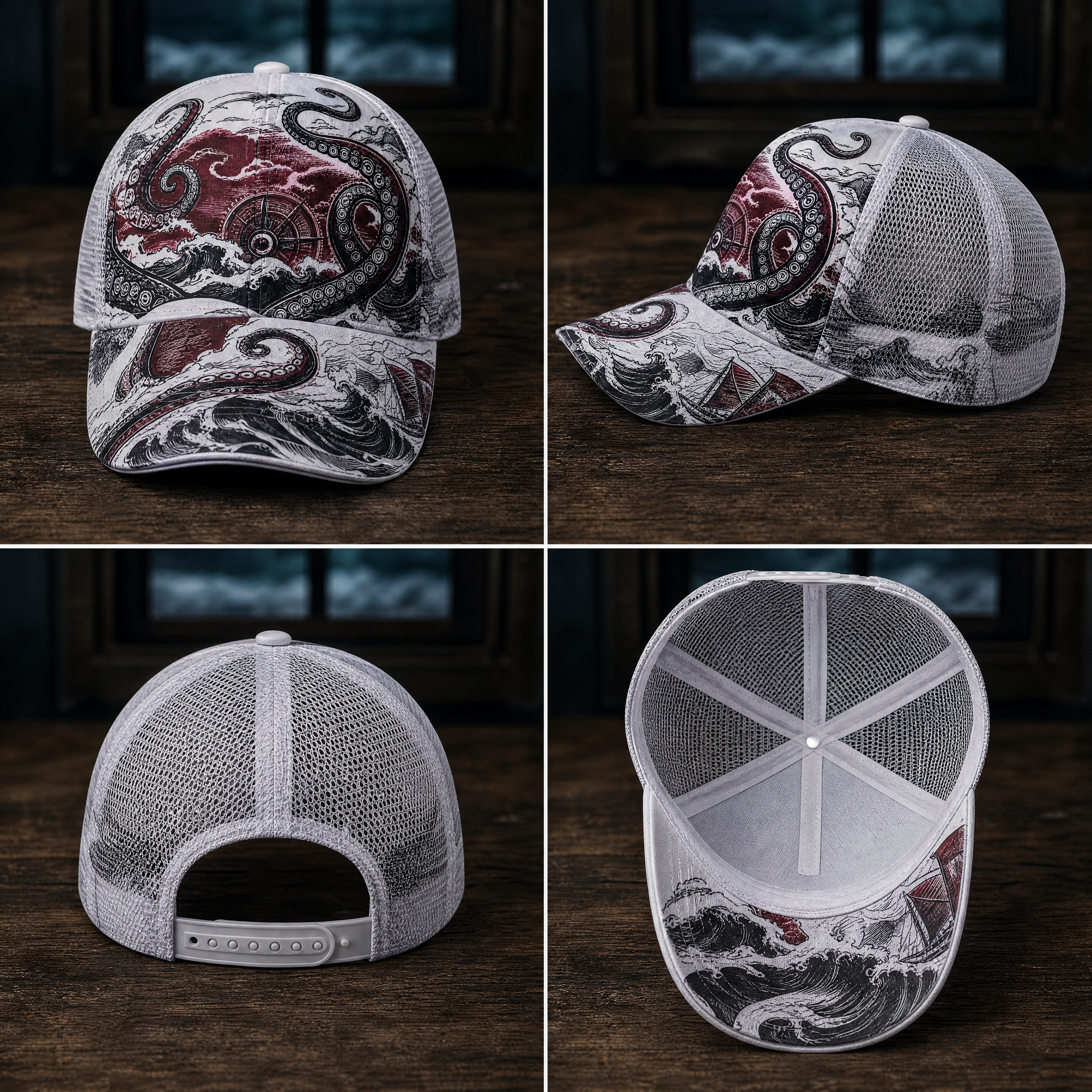 Nautical Octopus Waves Trucker Hat product view 5
