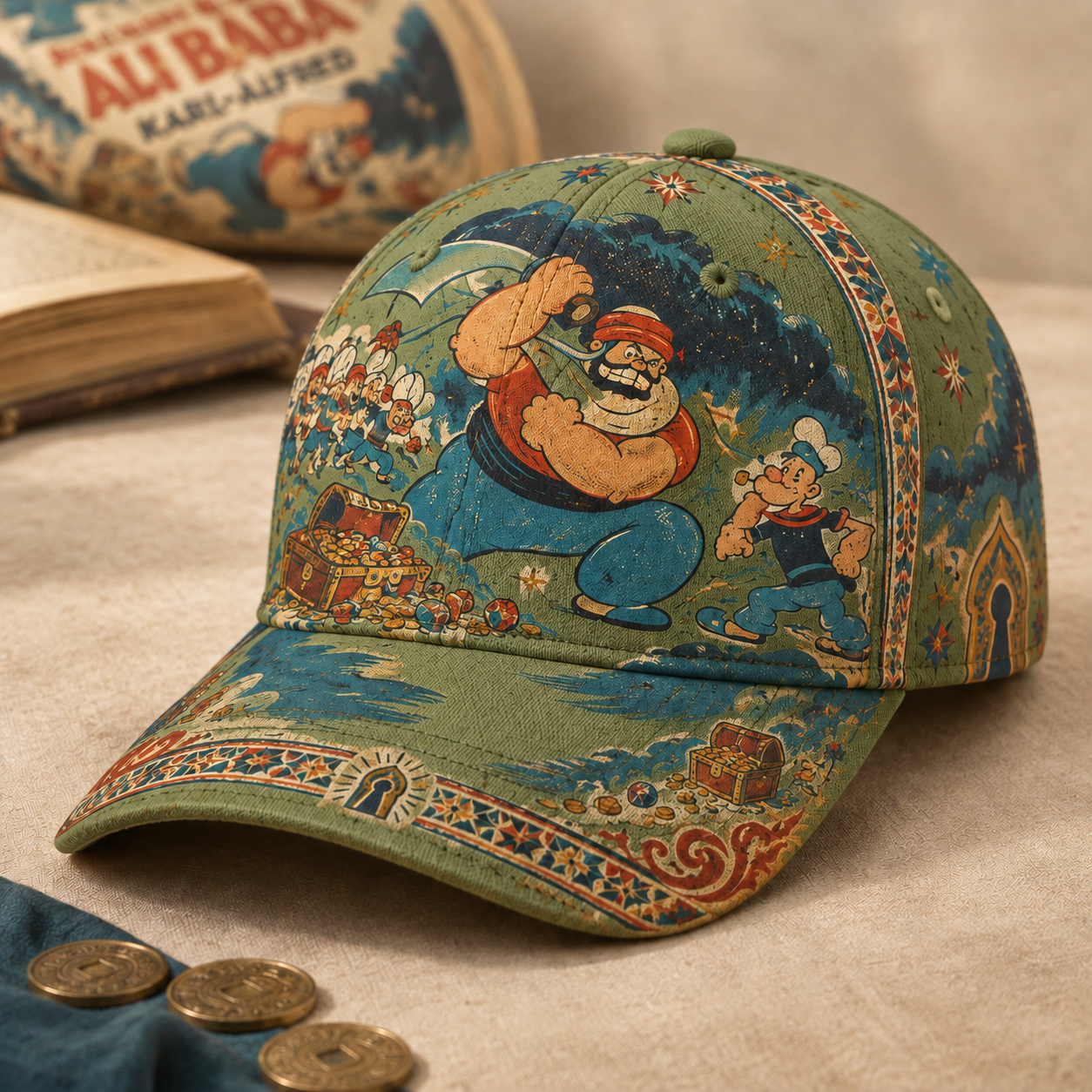 Vintage Comic Sailor Adventure Graphic Baseball Cap Olive
