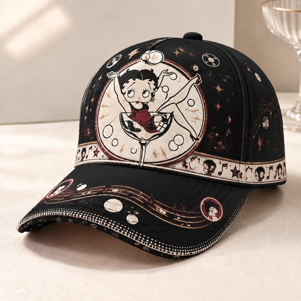Retro Cartoon Cocktail Glass Graphic Baseball Cap Black
