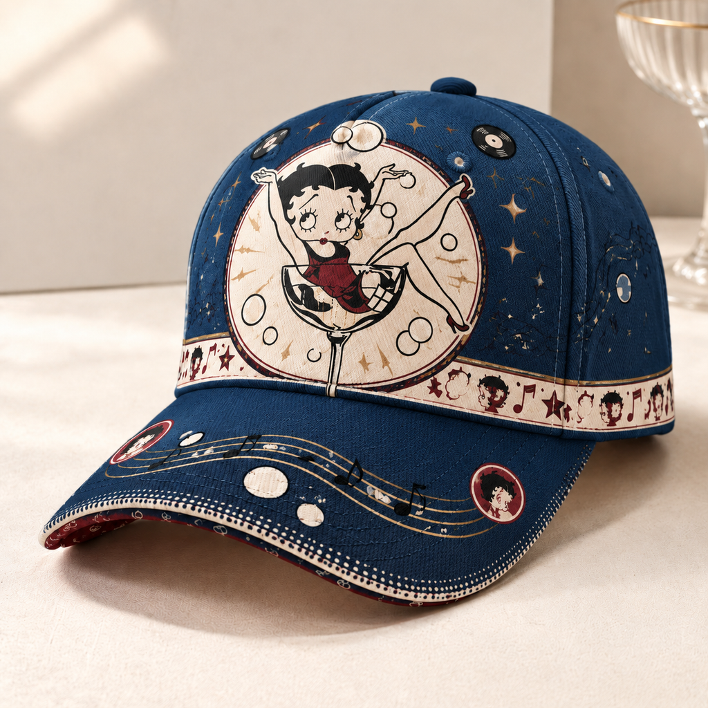 Retro Cartoon Cocktail Glass Graphic Baseball Cap Navy