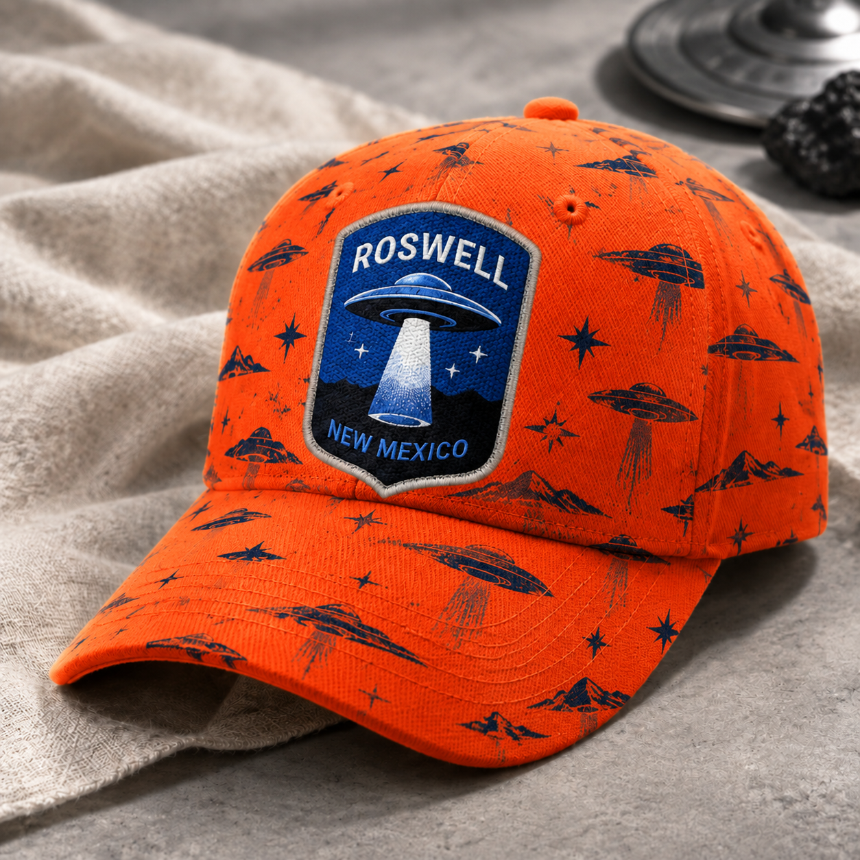 Roswell UFO Print Beige Baseball Cap Orange