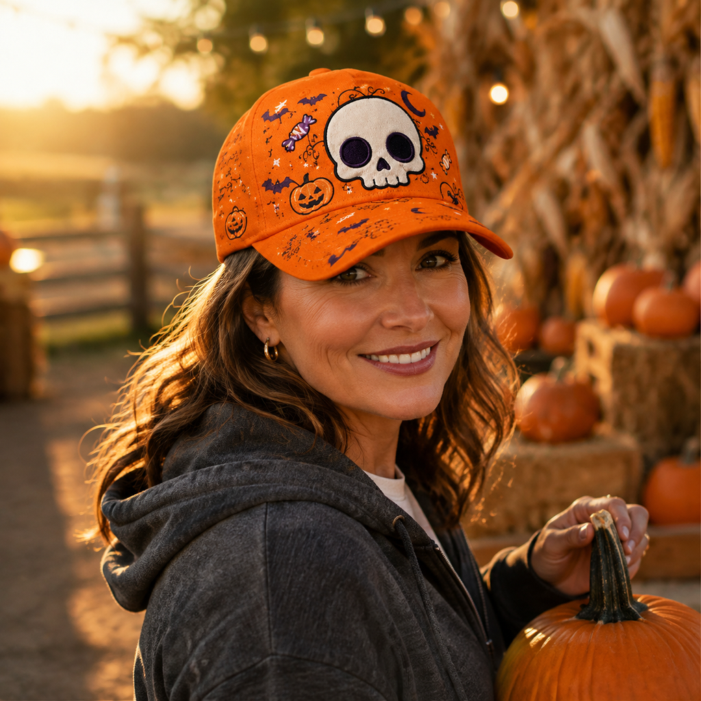Spooky Skull Halloween Baseball Cap lifestyle scene