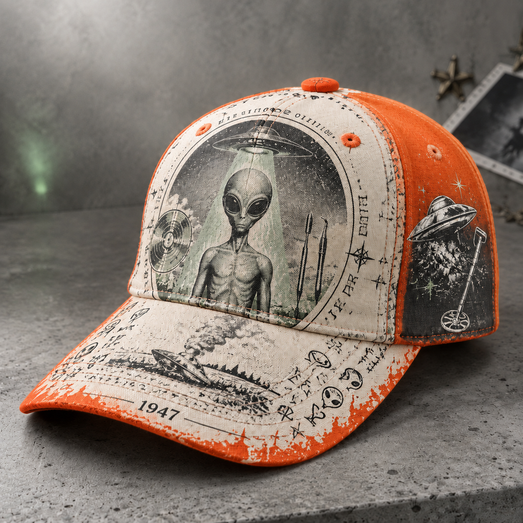 Retro Alien UFO Graphic Beige Baseball Cap Orange