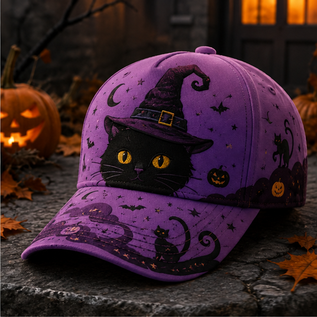 Witch Cat Halloween Baseball Cap Purple