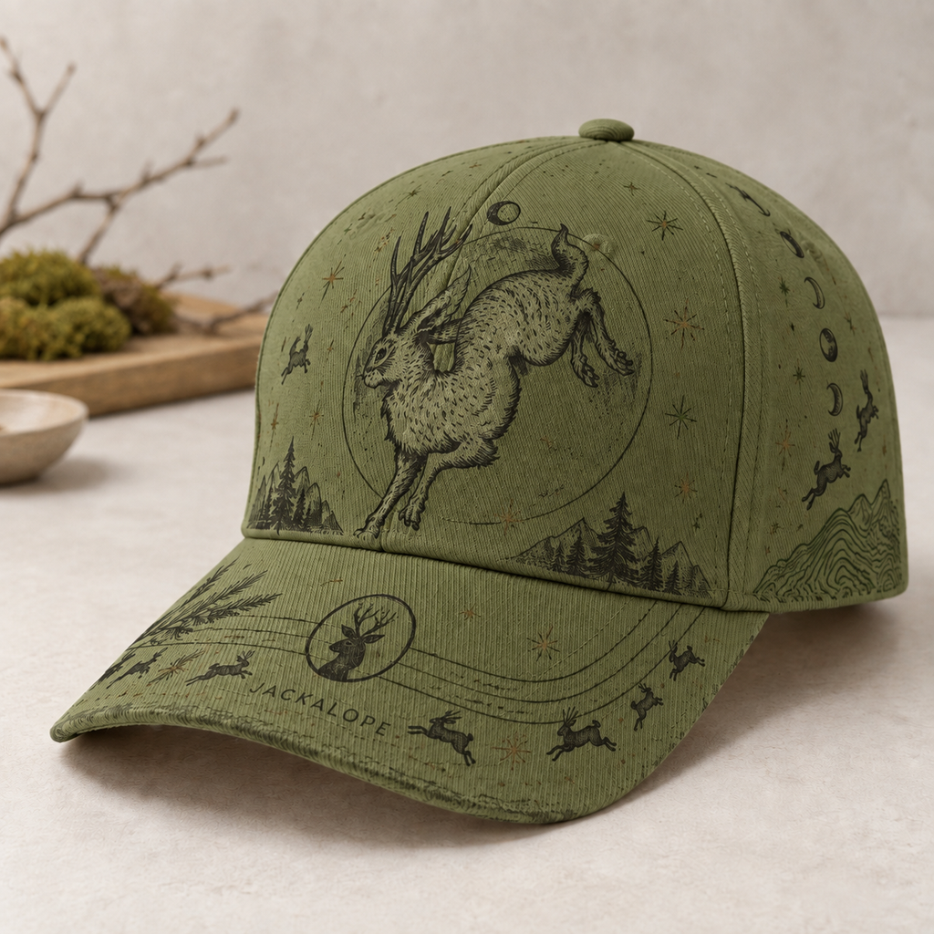 Jackalope Moon Woodland Graphic Baseball Cap Olive