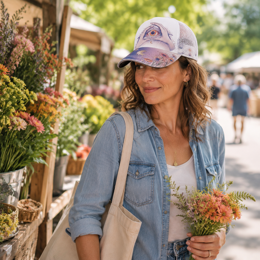 Mystical Eye Floral Trucker Hat lifestyle scene