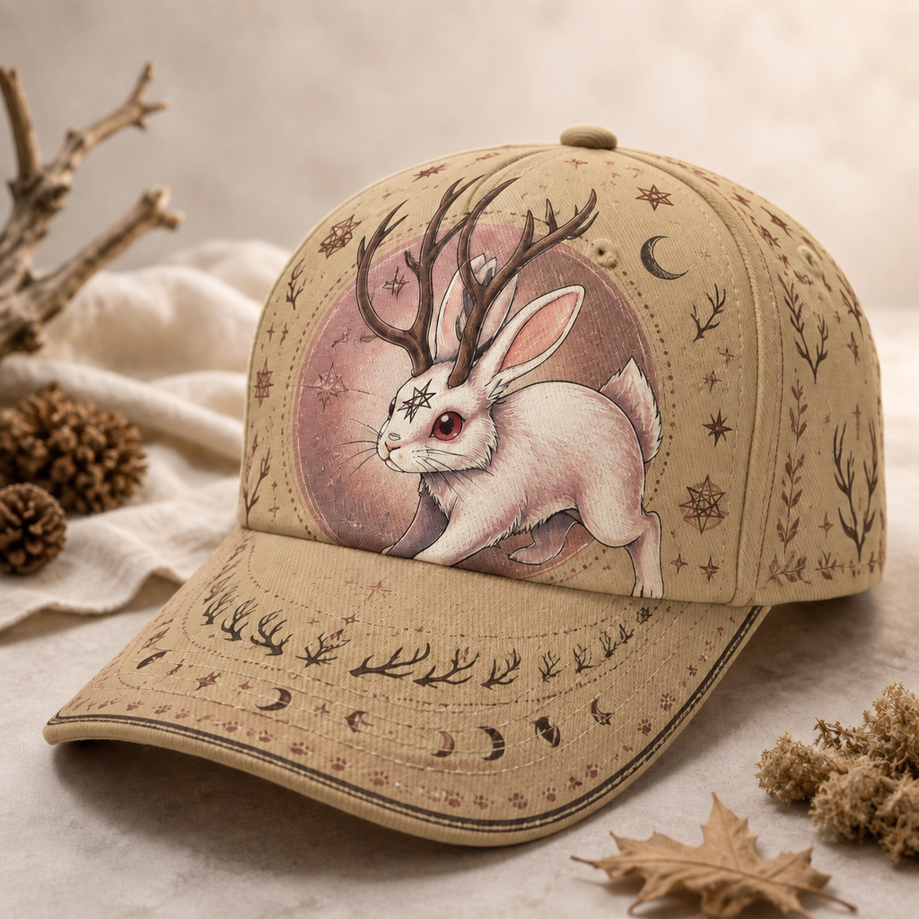 Celestial Jackalope Horned Rabbit Baseball Cap Khaki