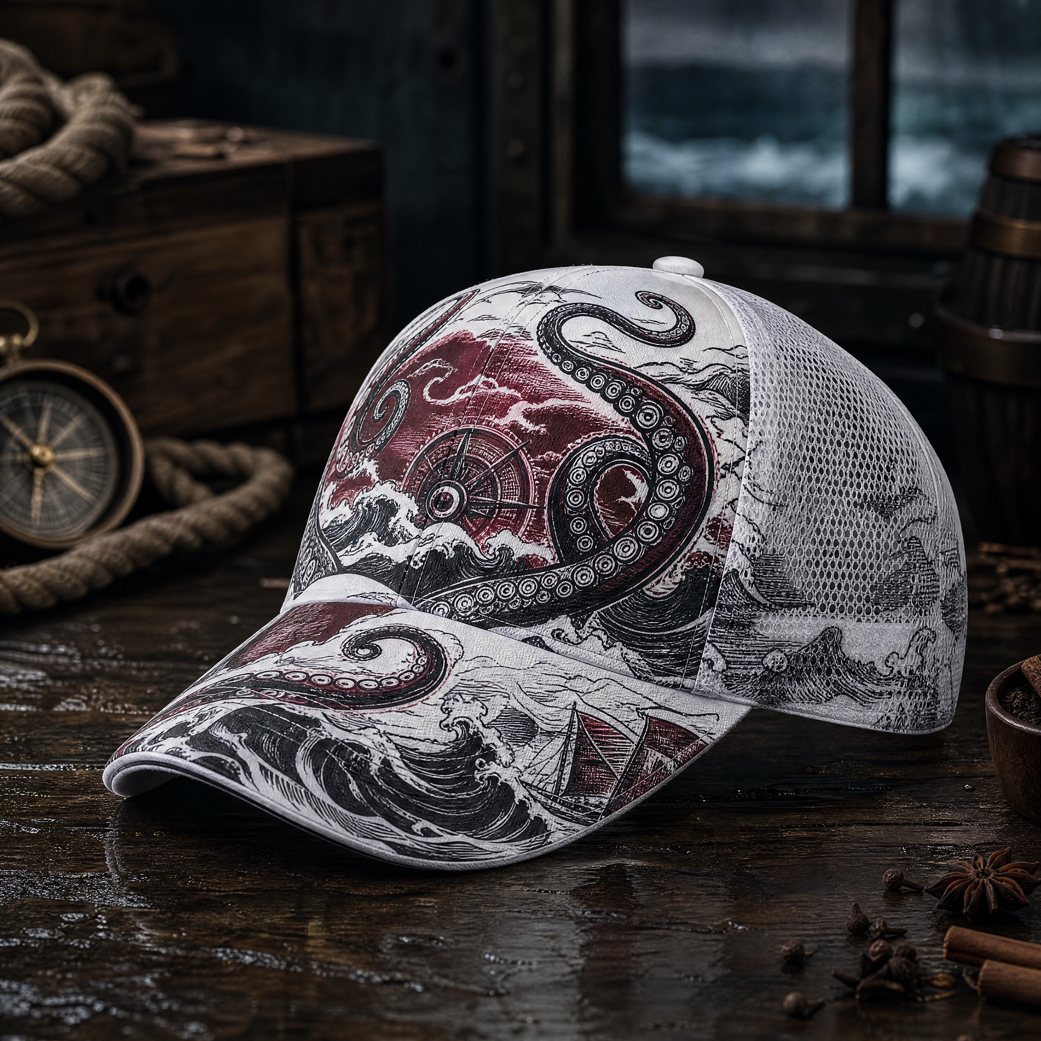 Nautical Octopus Waves Trucker Hat product view 10