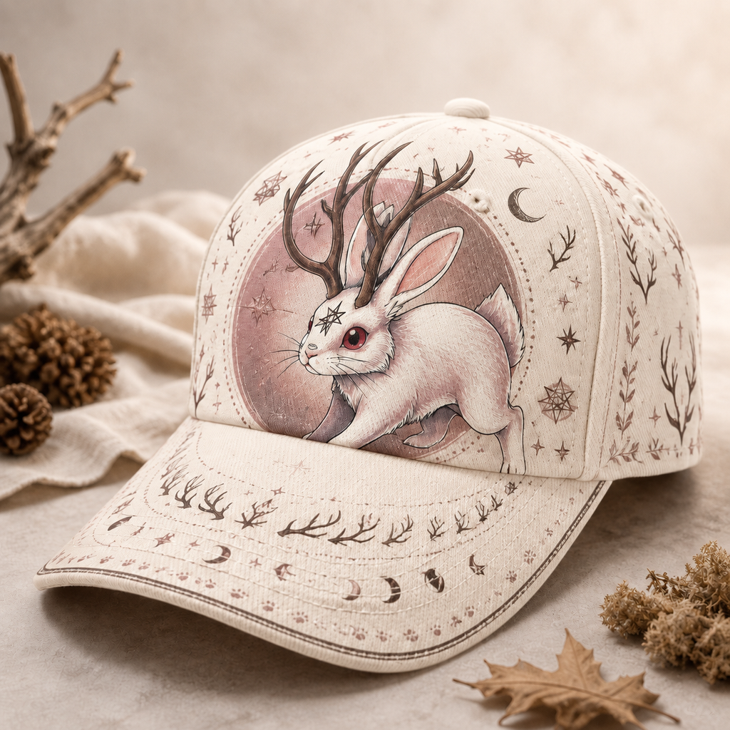 Celestial Jackalope Horned Rabbit Baseball Cap Ivory