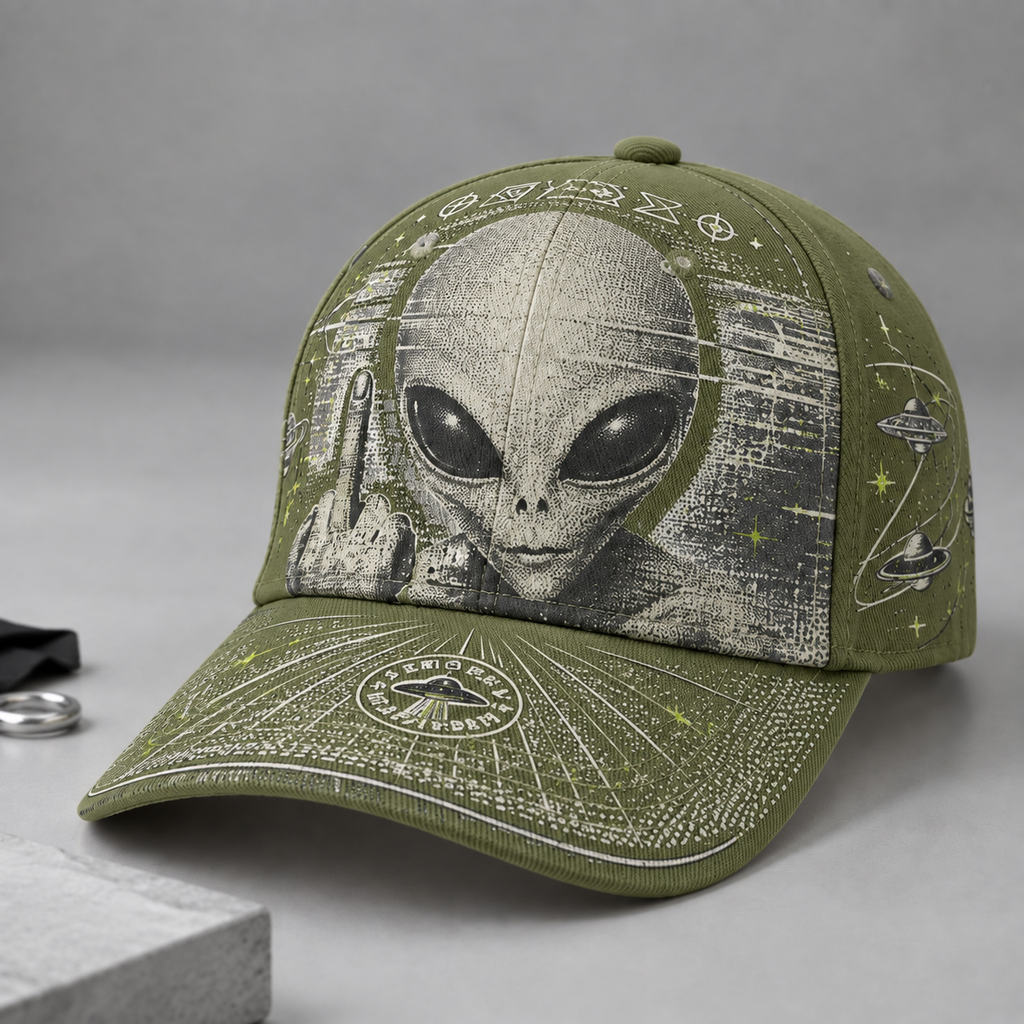 Extraterrestrial Alien Graphic Beige Baseball Cap Olive