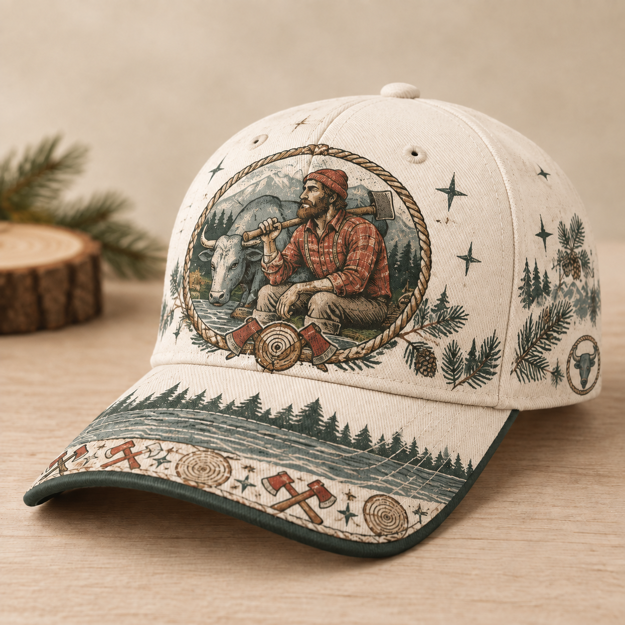 Beige Lumberjack Bull Forest Graphic Baseball Cap Ivory