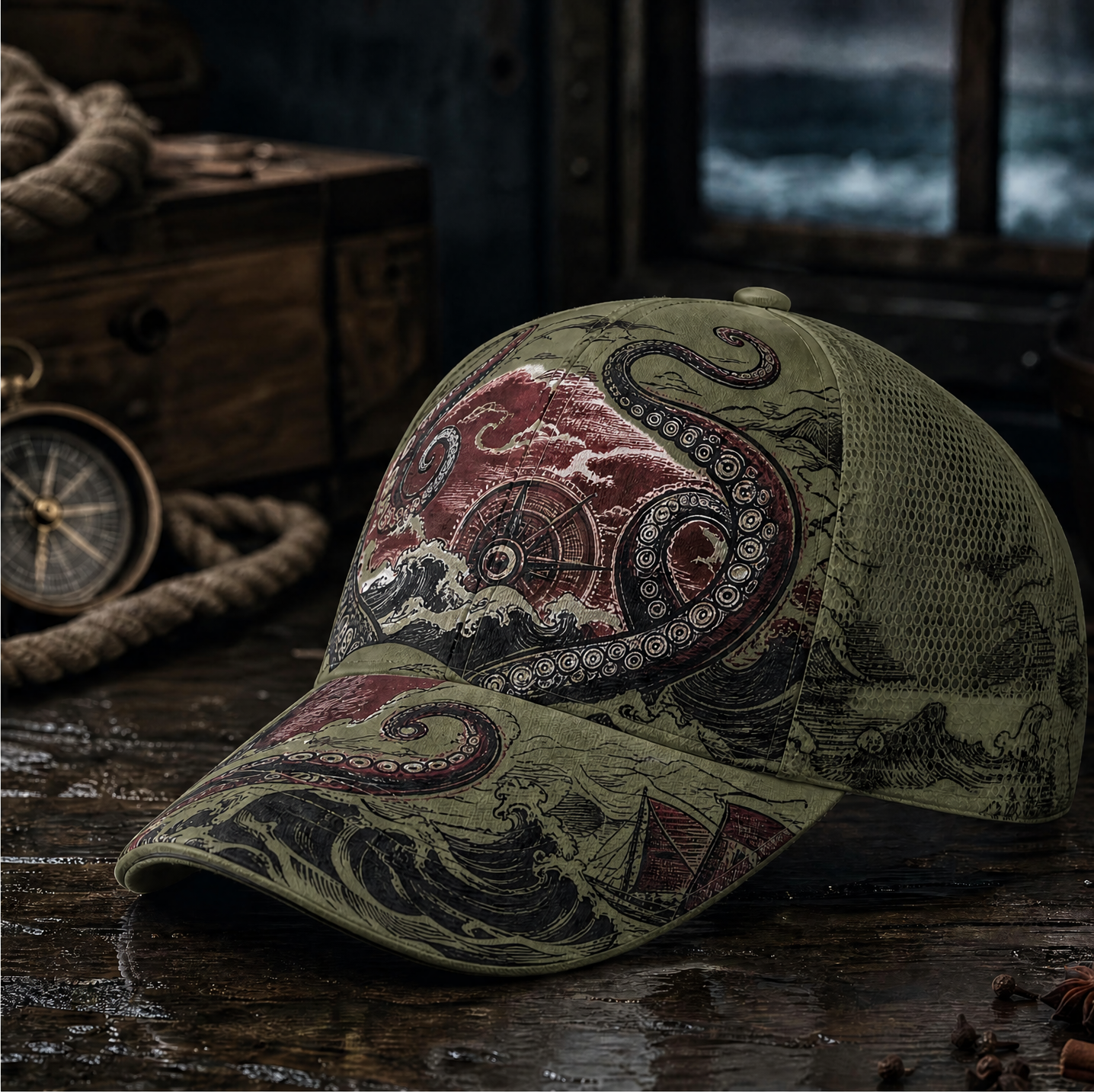 Nautical Octopus Waves Trucker Hat Olive