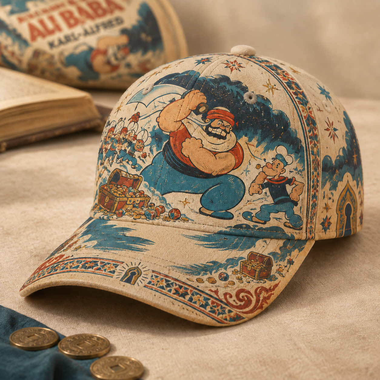 Vintage Comic Sailor Adventure Graphic Baseball Cap Khaki