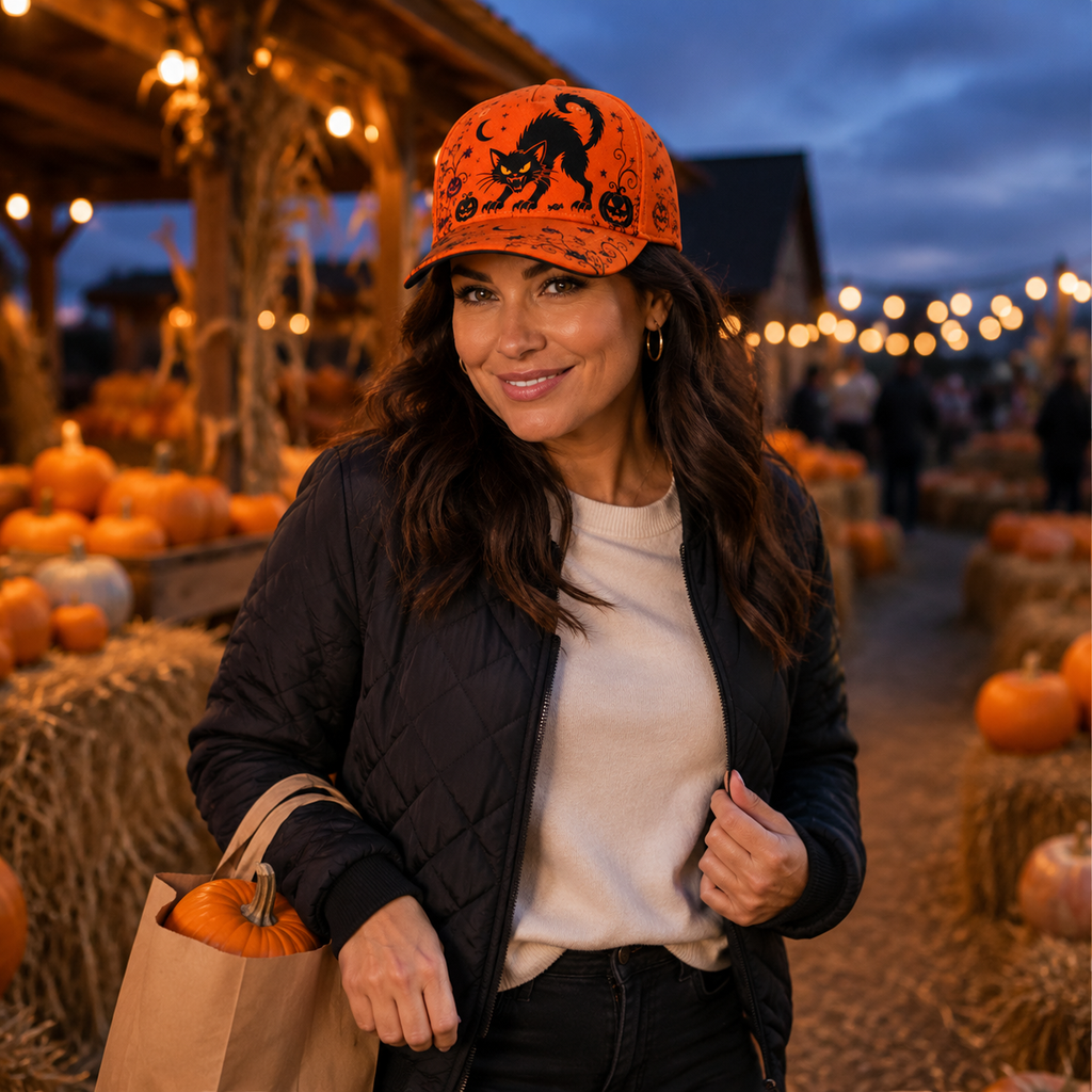 Spooky Black Cat Halloween Baseball Cap lifestyle scene