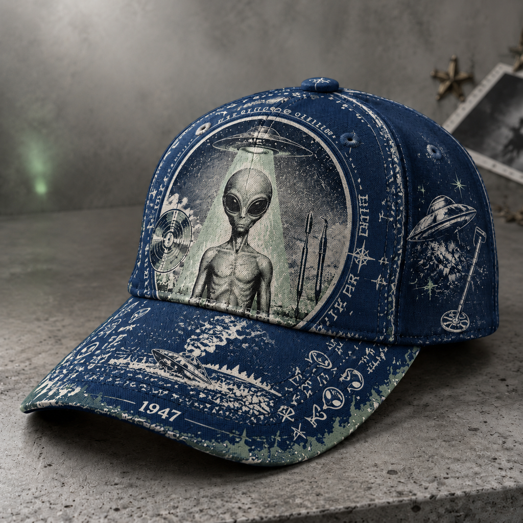 Retro Alien UFO Graphic Beige Baseball Cap Navy