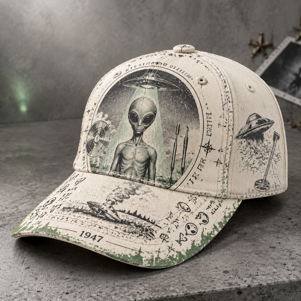 Retro Alien UFO Graphic Beige Baseball Cap Ivory