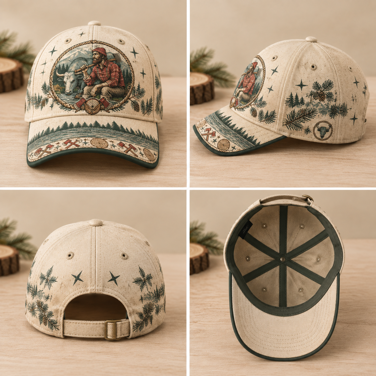 Beige Lumberjack Bull Forest Graphic Baseball Cap product view 2