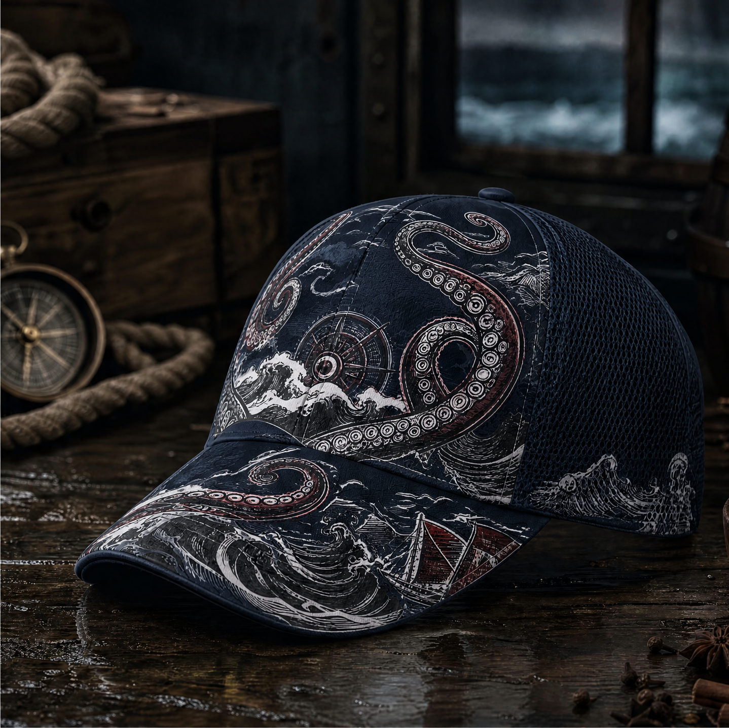 Nautical Octopus Waves Trucker Hat Navy