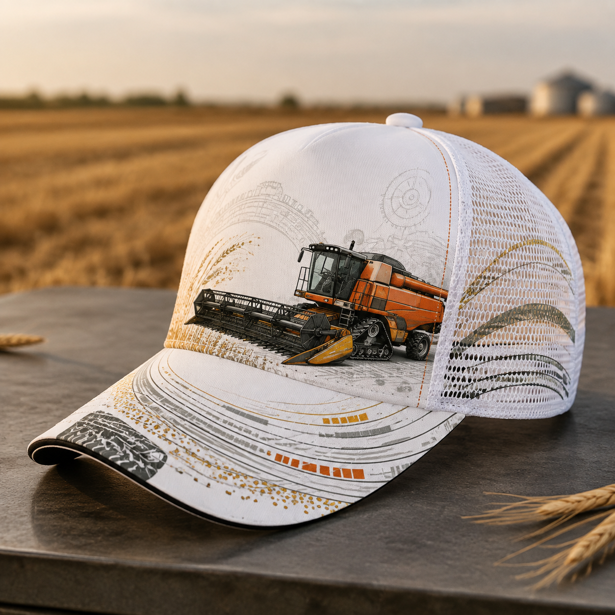 Orange Combine Harvester Trucker Hat White